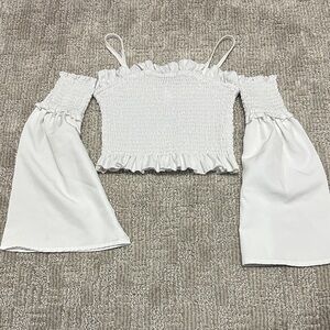 White Off-Shoulder Smocked Crop Top with Bell Sleeves, girls 10Y